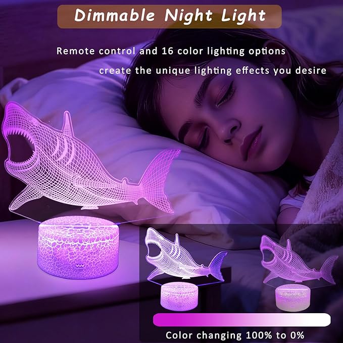Shark Gifts for Shark Lover, 3D Nursery Night Light Lamp, Multi Color Change Timer Dimmalbe Remote Control, Bedroom Megalodon Theme Decor, Birthday Gift for Boy Girl Kids Teens Women Men