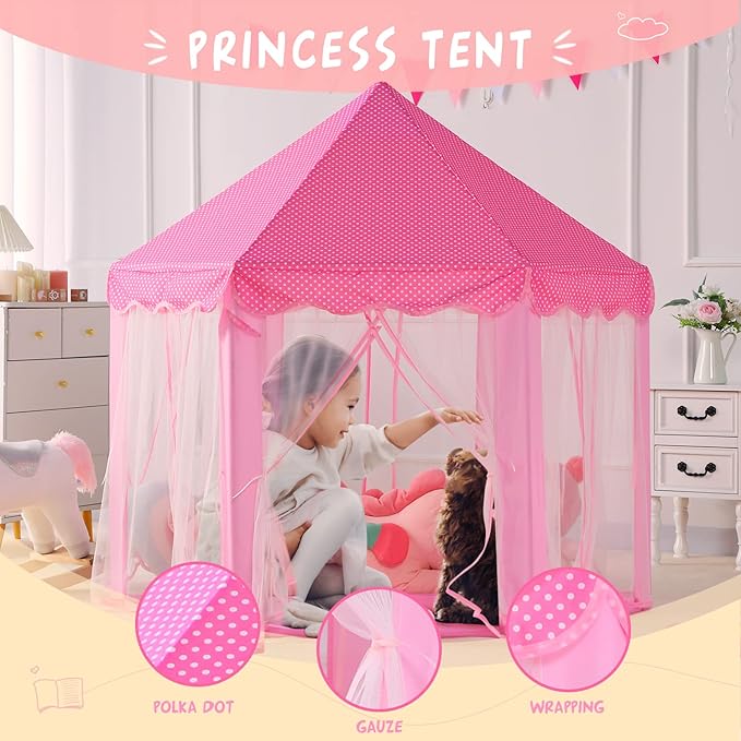 Princess Tent for Girls with Big Star Lights, Kids Playhouse Castle Play Tent, Birthday Girl Gift, Indoor Princess Game (Pink, Big Star Lights)