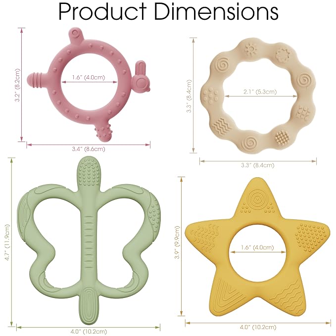 4 Pack Baby Teether Set with Freezer-Safe Storage Bag – 4 Softness Levels & Multi-Textured Silicone Teething Toys for Babies 0-18 Months, Food-Grade Teething Rings for Every Stage