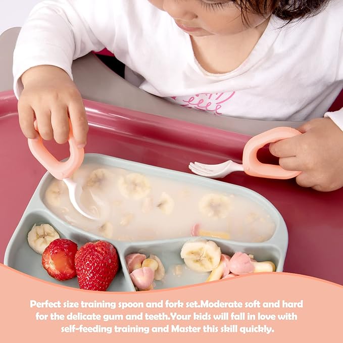 Baby Self Feeding Training Spoon and Fork Set with Travel Case, BPA-Free Cute Circle Toddler Training Utensils, Silicone/ABS Great Tableware Set Spoons Fork for Kids (Pink& Light Pink)