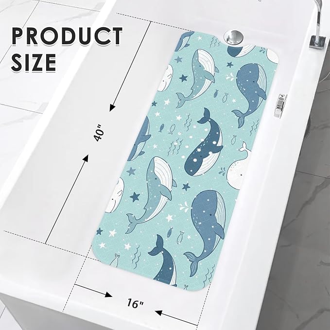 Whale Ocean Bathtub Shower Mat Cute Star Non-Slip Tub Extra Long Bath Floor 40X16 Inch Machine Washable for Bathroom Tub Bath Mat for Toddler and Baby