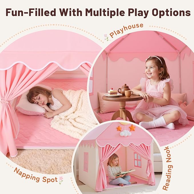 SISTICKER Kids Play Tents for Girls Large Fairy Playhouse for Kids Princess Castle Tent Gift Toys for Girl Toddler Children Play House (Pink) (Pink Tent)