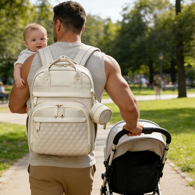 Leather Diaper Bags with Changing Station，Baby Bag，Large Capacity Diaper Bag Backpack for Moms Dads,Waterproof Diaper Backpack（Beige）