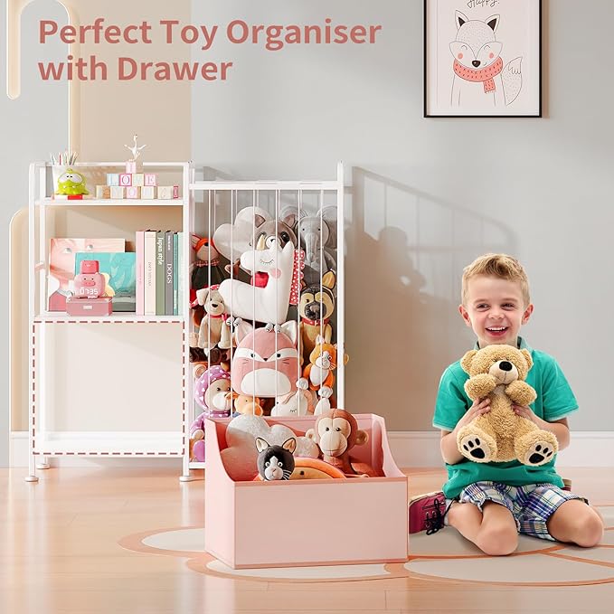 BBLIKE Kids Bookshelf and Toy Storage Organizer, Stuffed Animal Storage Holder with Fabric Toy Chest, 2-Tier Toddler Book Shelf for Kids Room, Playroom, Nursery, Pink