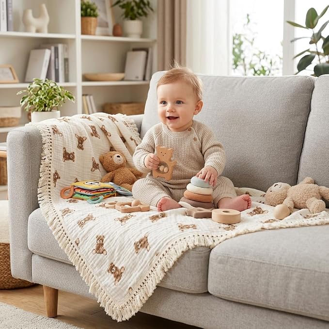Little Jump Cotton Muslin Swaddle Blankets with Tassel, Boho Bohimia Muslin Baby Blanket Neutral with Fringe, Vintage Teddy Bear Nursery Decor Muslin Throw Blanket 47" x40" (Teddy Bears)