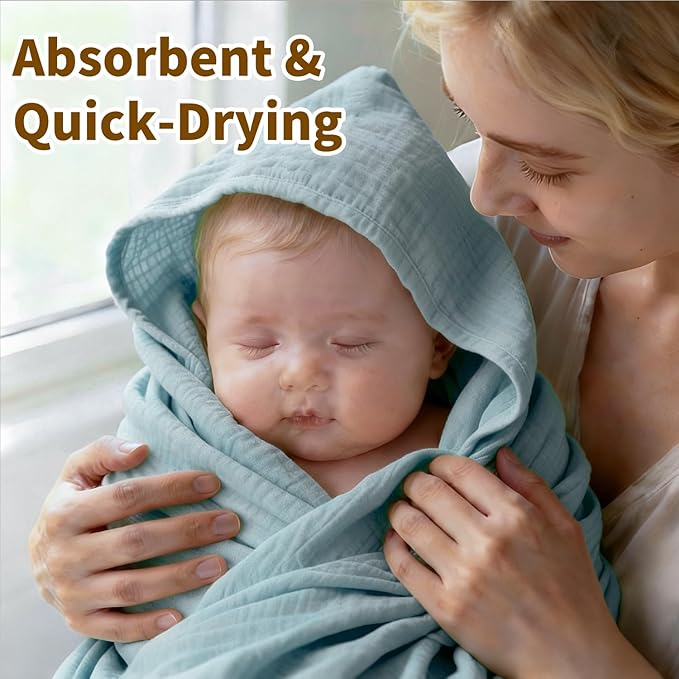Organic Muslin Hooded Baby Bath Towels - 2 Pack 100% Organic Cotton Towel for Babies, Infants, Toddlers - 32x32Inch - Highly Absorbent and Newborn Essential (Brown Blue)