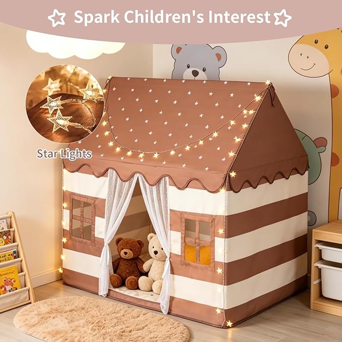 Large Kids Tent Indoor with Padded Mat & Star Lights, Playhouse for Ages 3-8, Play Tent Indoor Outdoor, Reading Nook, Role Play Kids Toys, Toddler Tent for Boys Girls Birthday Gift