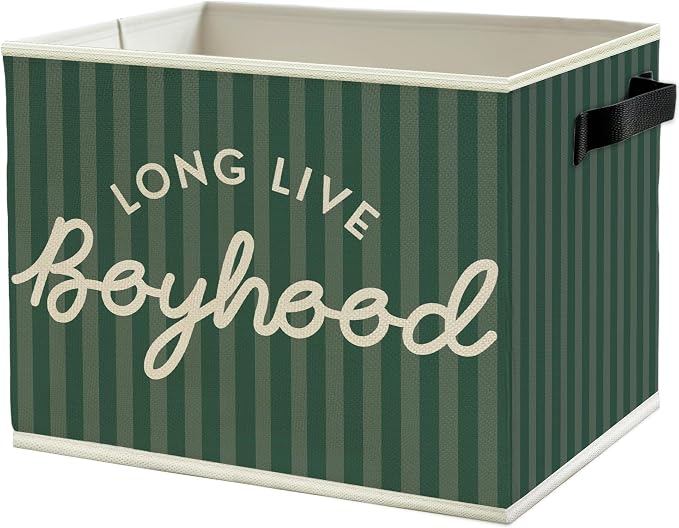Long Live Boyhood Boys Storage Bins Box with Handles, Green Stripe Collapsible Basket Organizer for Kids Teen Boy Nursery Room Bedroom Bathroom Playroom Toys Books Clothes