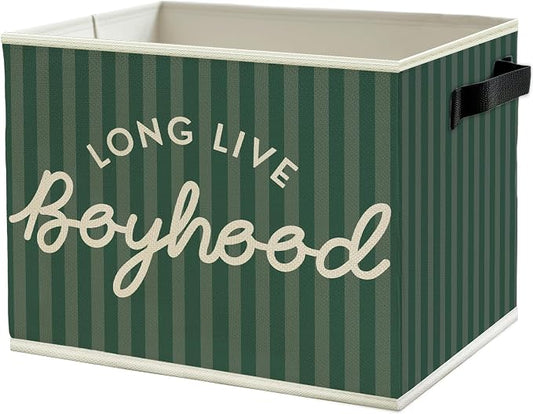 Long Live Boyhood Boys Storage Bins Box with Handles, Green Stripe Collapsible Basket Organizer for Kids Teen Boy Nursery Room Bedroom Bathroom Playroom Toys Books Clothes