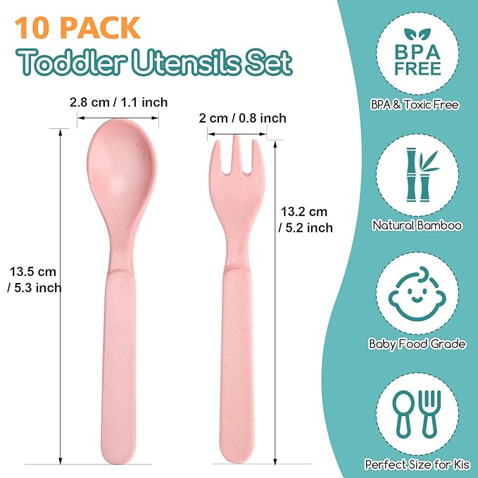 Shopwithgreen Bamboo Toddler Utensils Set, Baby Kids Toddler Spoons and Forks Set, BPA Free Reusable Cutlery Set| Dishwasher Safe, Child and Baby Self Feeding for Dinner, Dessert, Soup,10 Pack