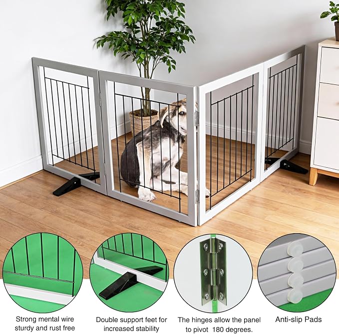 Dog Fence Indoor - 4-Panel Freestanding Dog Gate for Doorways, Hallways, House or Stairs -80x24-Inch Retractable Foldable Expandable Wood Pet by SFJC (Grey)