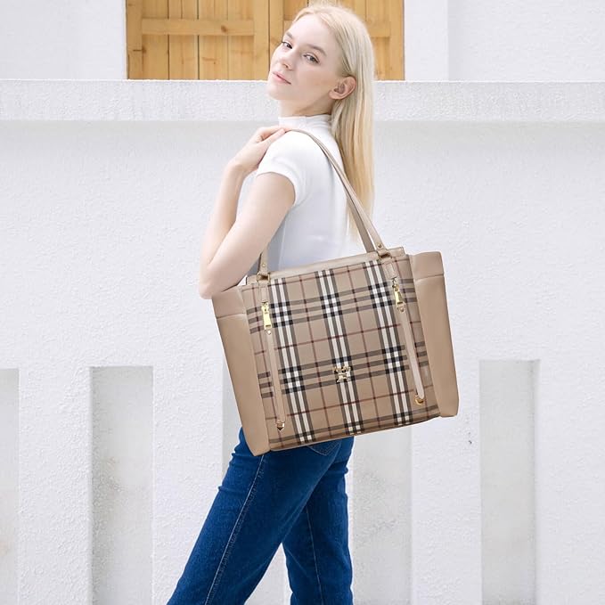 miss fong Checkered Diaper Bag Tote - Leather Diaper Bag Backpack, Large Capacity Mommy Bag Hospital Bag, 12 Pockets Travel Diaper Tote with Changing Pad for Mom Plaid Tote Bag for Women-light brown | Waterproof Leather, Large Capacity