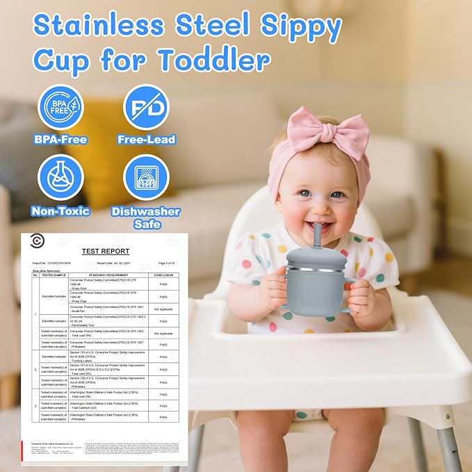 BUSOHA Stainless Steel Toddler Sippy Cup ??8oz Spill-Proof Straw Cup for 6+ Month Babies & Toddlers, 3-in-1 Reusable Travel Cup with Brush ??Dishwasher Safe, Kids Drinking Cup,Grey