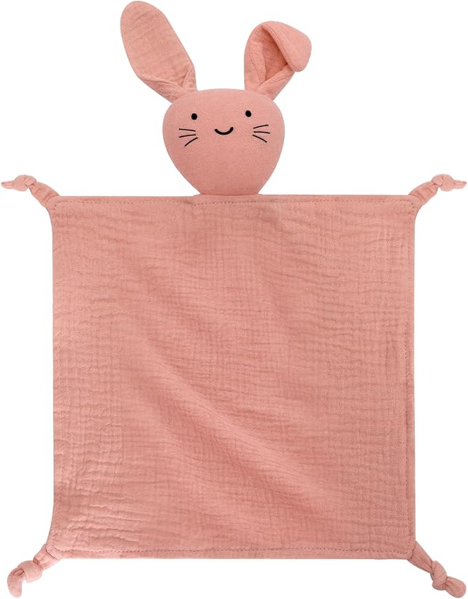 Organic Cotton Muslin Bunny Lovey Blanket, Soft & Breathable Security Blanket for Newborns, Unique Baby Gifts for Boys and Girls (Bunny-Pink)