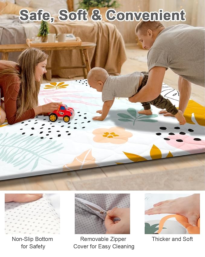 TINYHARBO Premium Foam Baby Play Mat 59x59 ??Removable & Machine Washable Cover, Extra Thick Padding Playpen Mat, Non-Slip Crawling Mat, Easy to Clean for Infants, Toddlers & Babies