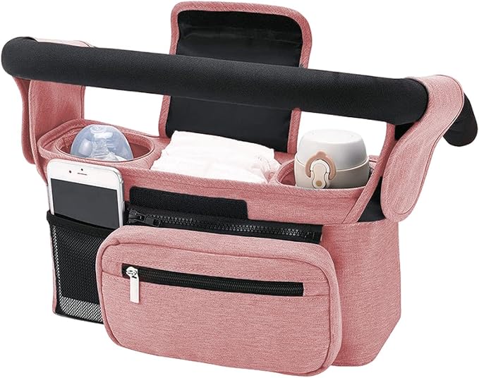 YOXIER Stroller Organizer,Baby Stroller Organizer with 2 Insulated Cup Holder,Detachable Zippered Pocket & Adjustable Shoulder Strap, Universal Stroller Accessories Fits for All Baby Strollers Pink