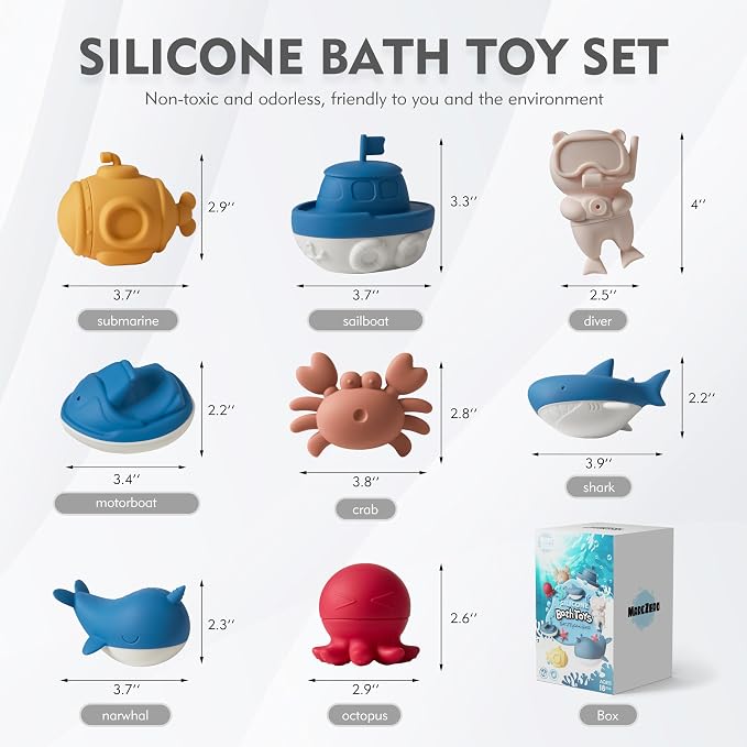 MarcZero Ocean Silicone Bath Toys 8Pcs for Toddlers Kids Babies,Bathtub Water Toys,Soft Squeezable Easy-Grip Pool Toys Set (Blue)