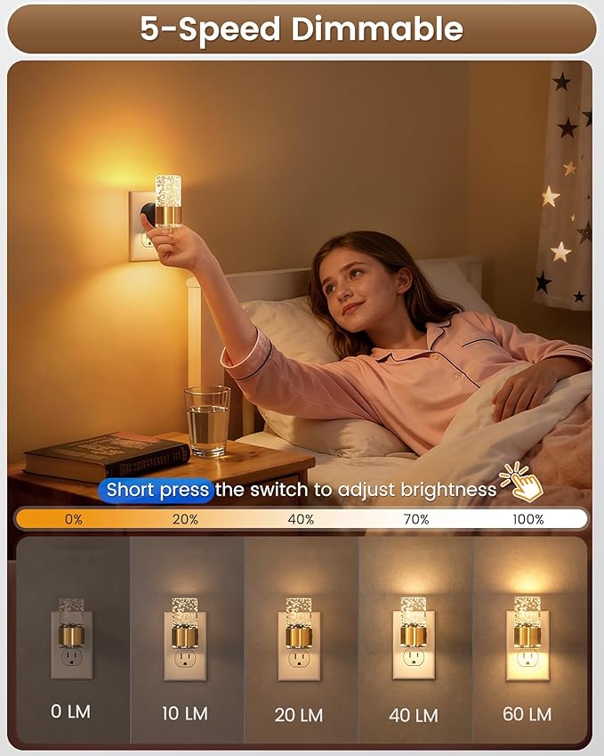 NIORSUN Night Light Plug into Wall, Dimmable Nights Lights with 3 CCT & 5 Brightness Levels, Slim Acrylic Plug in Night Light, Auto Dusk to Dawn Sensor for Stairs, Hallway, Bathroom, Gold, 6 Pack