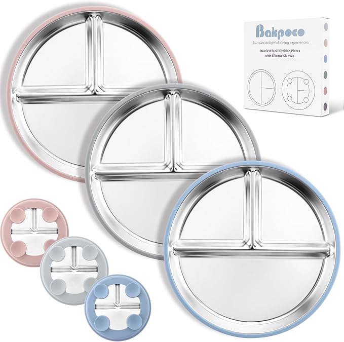 Bakpoco Stainless Steel Suction Plates for Toddlers, 9" Divided Kids Baby Plates with Removable Silicone Suction, Non Toxic Non Slip Portion Control Snack Dishes 3 Packs, Blue Gray Blush