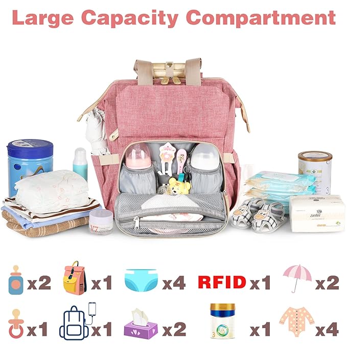 Jiefeike Diaper Bag Backpack, Pink Baby Girls Diaper Bag for Mom, Travel Baby Bags Backpack for Women, Insulated Pockets Portable toddler diaper bag, RFID Anti-Theft Pocket