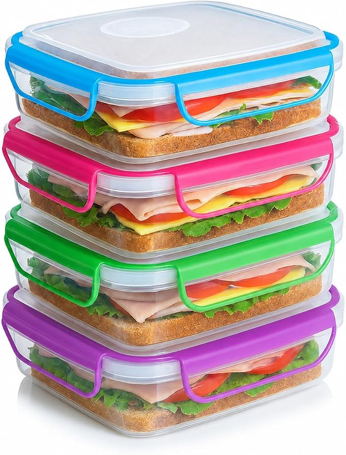 Snap Fresh - 4 Pack of Fun Size Leakproof Sandwich Containers - Reusable, BPA Free Sandwich Boxes. Airtight Seal. Also Great for Salads, Snacks, Fruit, Treats and Food Storage