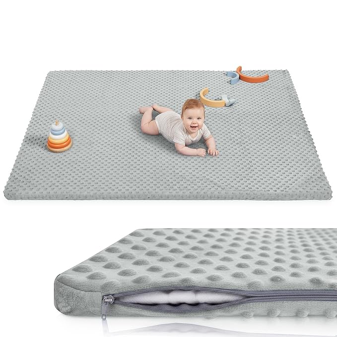 Baby Floor Play Mat for Playpen, Extra Thick 71x59 Inches Padded Mat with Ultra Soft 3D Minky Dot & Removable Washable Cover, Non-Slip & Safe for Crawling,Tummy Time,Infant/Toddler (Grey)