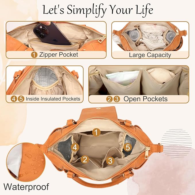 Omanmoli Small Diaper Bag,Mini Diaper Bag Tote, Leather Crossbody Diaper Clutch With 12 Pocekts Diaper Purses for Women Girls,Crossbody Strap,2 Insulated Pockets,Honey