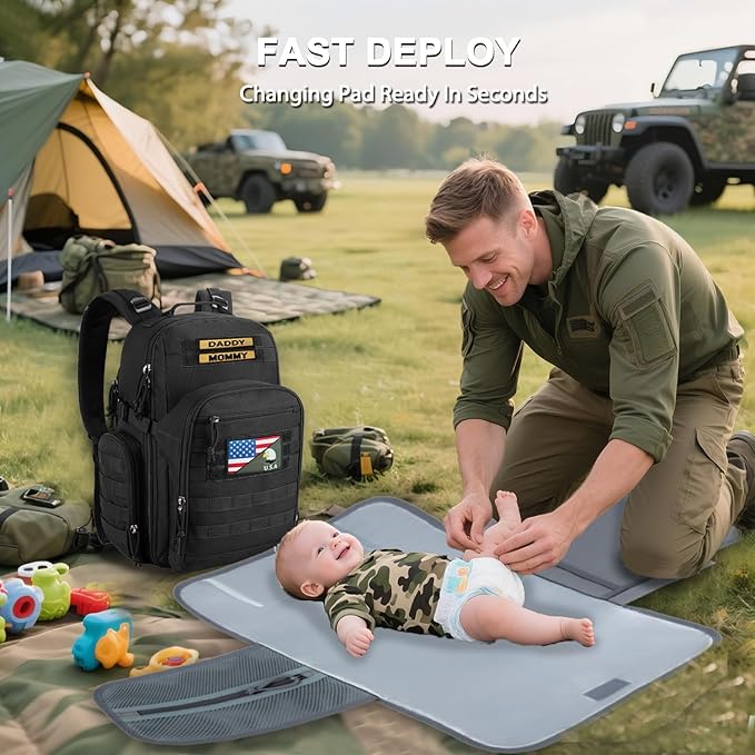MIRACOL Dad Diaper Bag Military - Tactical Baby Backpack with Changing Pad for Outdoor Baby Care - Water-Resistant Fabric & MOLLE System Ideal for Travel Hiking Parks Grey