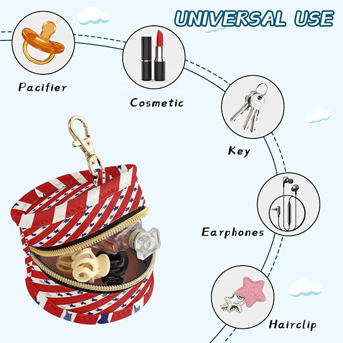 Pacifier Holder with Clip Pacifier Case for Diaper Bag Round Baby Pacifier Pouch Box Bag Portable Patriotic Striped Red Stars