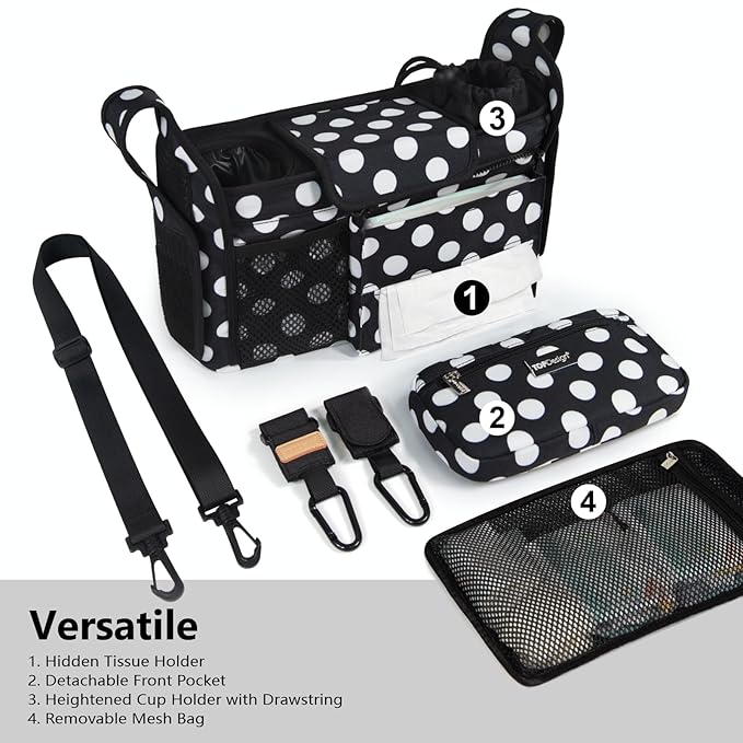 TOPDesign Universal Baby Stroller Organizer, Stroller Caddy with Detachable Mesh Bag & Heightened Insulated Cup Holders & Non-Slip Secure Hooks Accessories, Fits Most Strollers (Polka Dots)