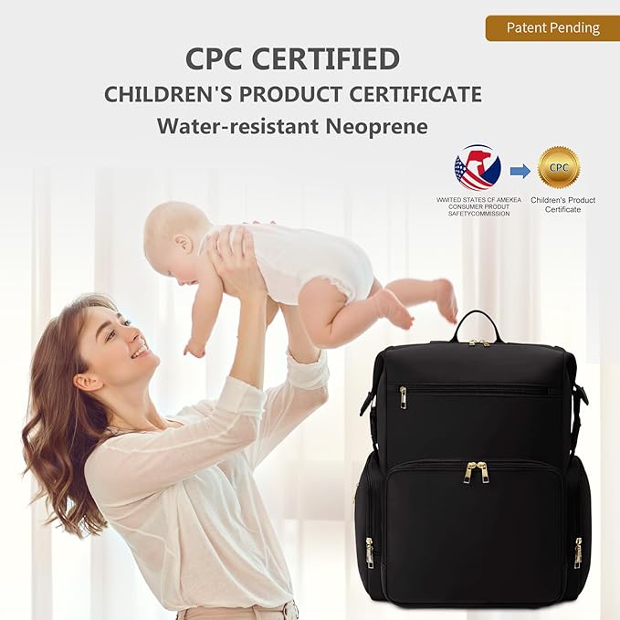 CEI-CEI Neoprene Diaper Bag Backpack with Changing Pad, Large Newborn Baby Maternity Bags Travel Tote with Insulated Pockets (Black)