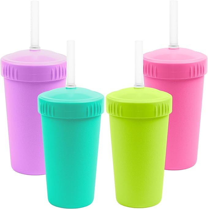 Re-Play 10 oz. Straw Cups for Kids with Silicone Locking Straws - Dishwasher & Microwave Safe - Made in USA - Set of 4-7.37" x 7.37" x 1.25" - Mermaid