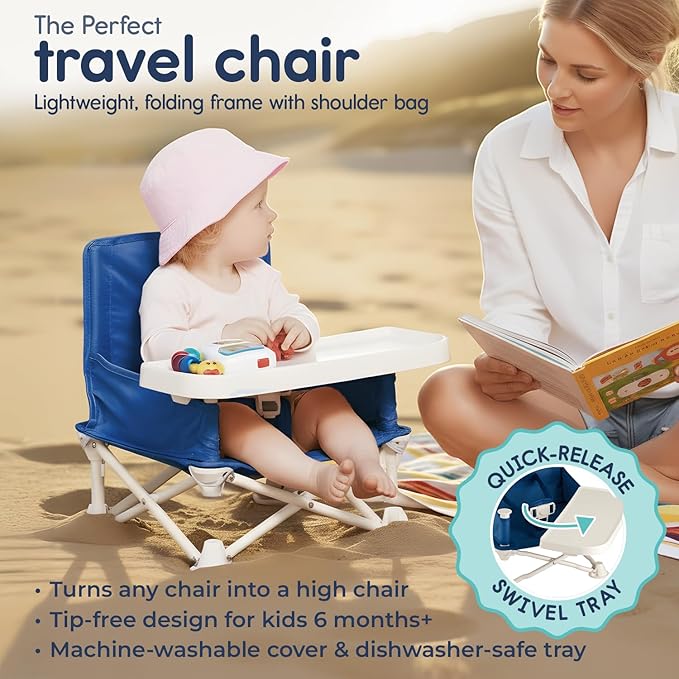 Hiccapop OmniBoost Travel Booster Seat with Tray for Baby | Folding Portable Baby Booster Seat for Dining Table, Camping, Beach, Grandma?™s | Tip-Free Design Straps to Kitchen Chairs - Booster Chair