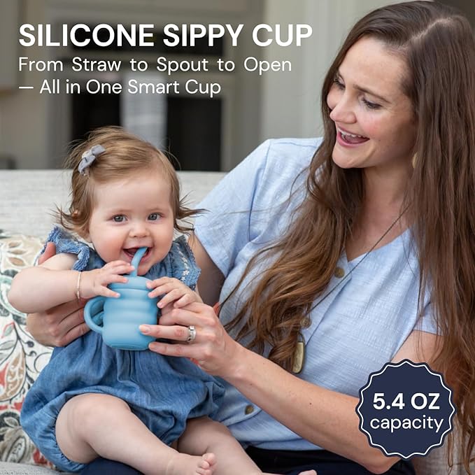 Vaanshie Silicone Baby Sippy Cups | Straw Cup Baby | Toddler Cup with Straw | 3 Stages Training Cup for Infants Toddlers and Kid, 5.4 oz (Blue)