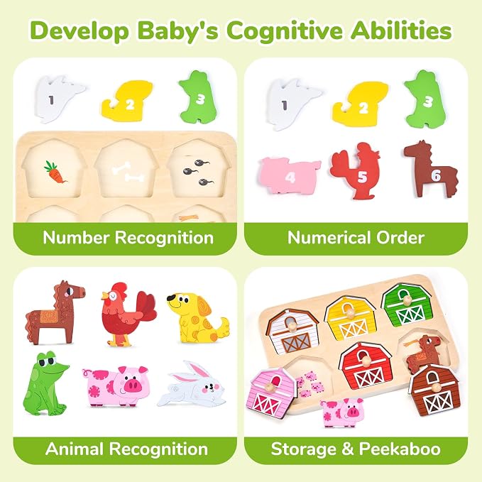 JoyCat Wooden Puzzles for Toddlers 1-3, Montessori Toys for 1 2 Year Old Boy Girl Birthday, Animal Match Farm Peg Puzzles, Preschool Learning Toys for Toddlers Age 1-2 (Pack of 2)