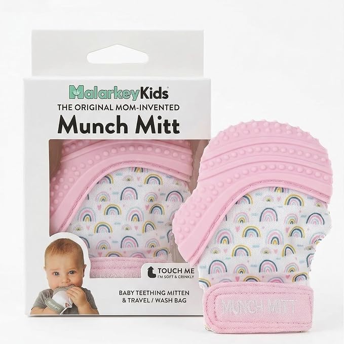 Munch Mitt Patented Teething Mitten Baby Chew Toy - Protects Hands from Chewing & Saliva, Heals Aching Gums, Promotes Sound & Visual Stimulation for Babies - Pink Rainbow