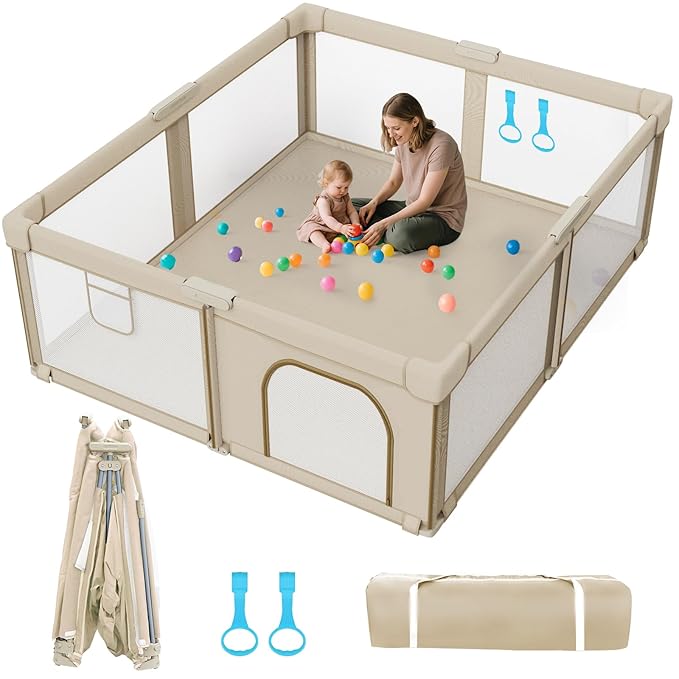 Foldable Baby Playpen: 79??x 71??Super Large Playpen for Babies and Toddlers - Portable Play Pen for Babies with Breathable Mesh & 2 Pulling Handle - Baby Play Yard for Outdoor & Indoor
