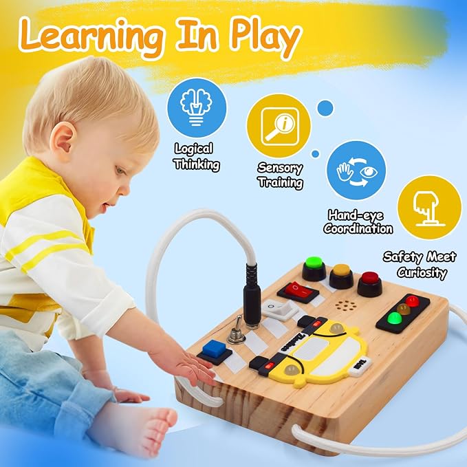 Montessori Busy Board Wooden Sensory Toys with LED Light Up Switch Travel Toys for 1+ Year Old Toddler Baby Boys Girls Gifts (Taxi Busy Board)