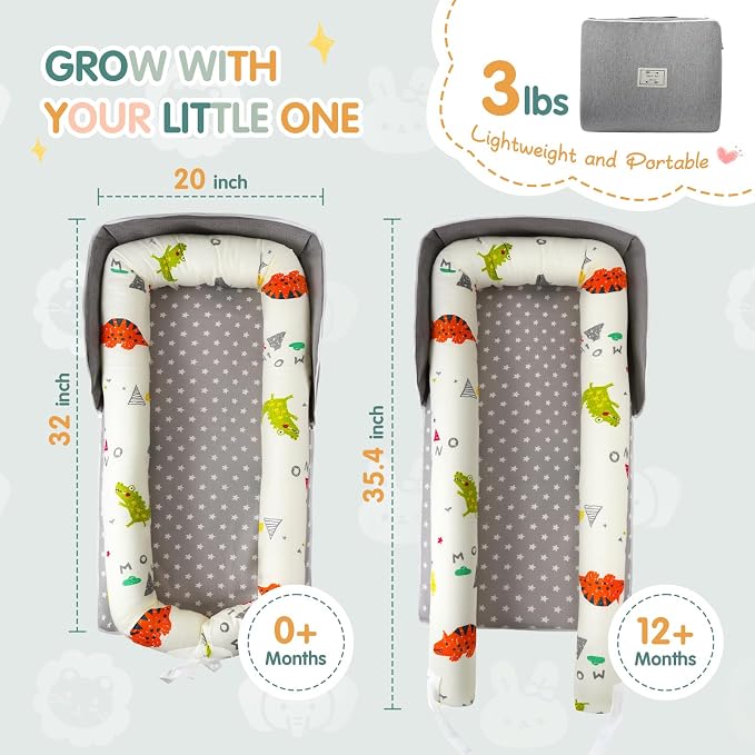 Portable Baby Lounger - Foldable Infant Lounge with Adjustable U-Shaped Bumper & Storage Bag, Breathable Cotton Secure Spot for Supervised Awake-Time Play & Interaction, Crocodile