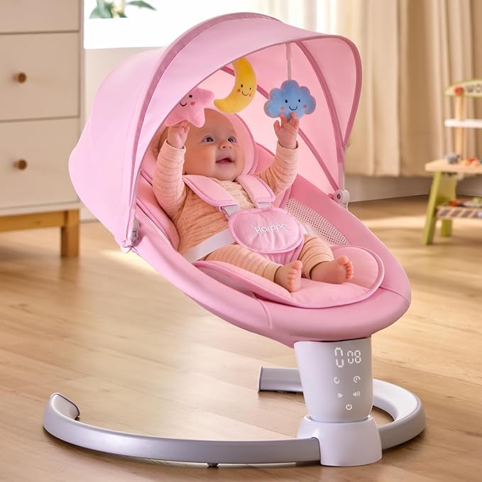 HARPPA Weddell Electric Baby Swing for Infants, 5-Point Harness, 5 Motion Levels, Remote & Touch Control, Built-in Melodies, Portable Baby Swing for Indoor Use,Light Pink