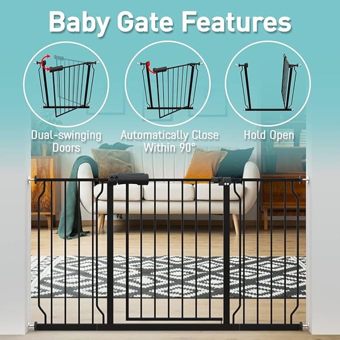 WAOWAO Baby Gate 57.48-62.20" Extra Wide Pressure Mounted Walk Through Swing Auto Close Safety Black Metal Toddler Kids Child Dog Pet Puppy for Stairs,Doorways,Kitchen