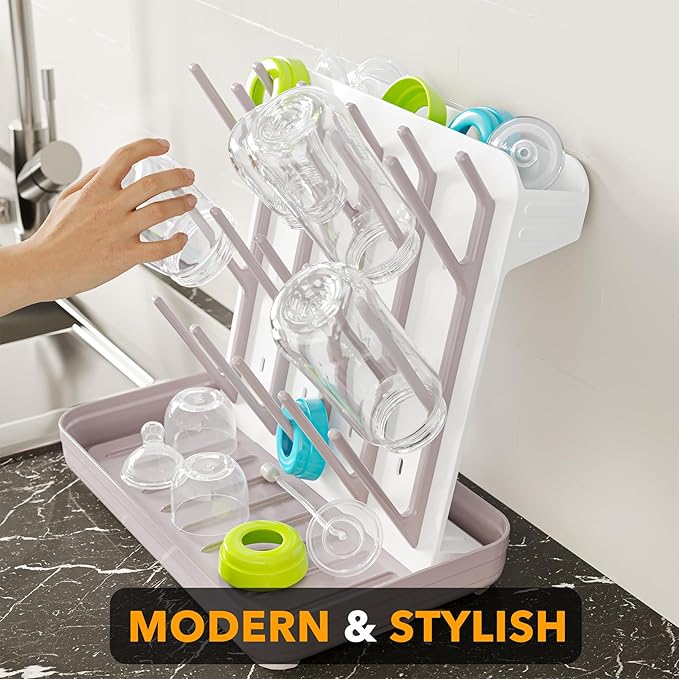 SpaceAid Baby Bottle Drying Rack with 20 Hooks, Space Saving Kitchen Bottles Rack Dryer, Vertical Baby Bottle Holder Organizer for Countertop Storage Accessories (White and Taupe)