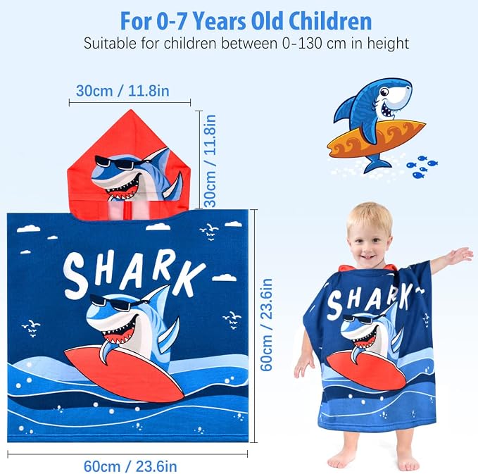 HUANLANG Kids Hooded Bath Poncho for Boys & Girls Super Soft & Absorbent Cotton Shark Towel for Toddlers 2-6 Years Old