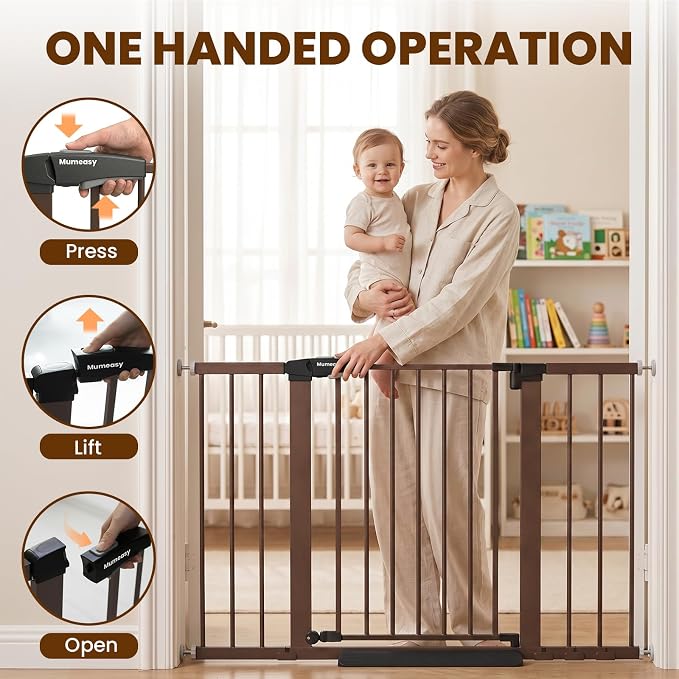 Mumeasy 29.7-46" Baby Gate for Stairs, Pressure Mounted Dog Gate for Doorways, Auto Close Walk Through Pet Gate Indoor, Extra Wide Metal Child Safety Gate, Mom's Choice Awards Winner, Brown
