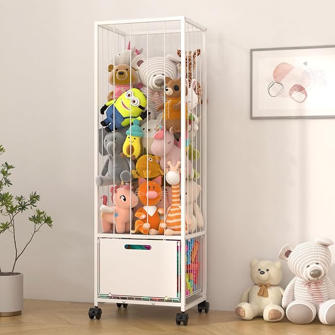 BUKFEN Metal Stuffed Animal Storage Zoo Toy Organizer - Large Capacity Plush Holder with Adjustable Elastic Cords & 4 Wheels, Vertical Space-Saving Design for Kids Nursery Playroom Bedroom,White
