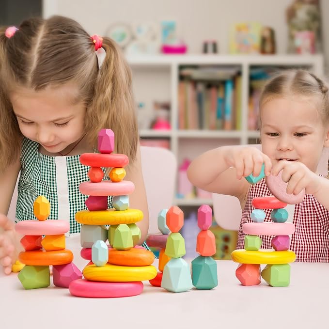 OESSUF Stacking Rocks 26Pcs Stacking Blocks Balancing Stones Wooden Building Toys Wood Stone Stacking Game for Toddler Sorting Preschool Educational Montessori Stacking Rocks for Kids