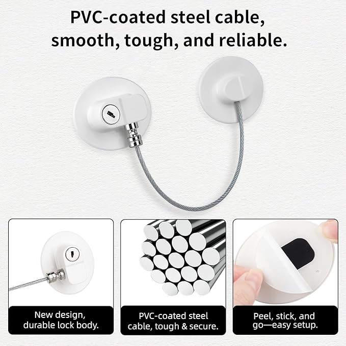 Fridge Lock with Key, Safety Lock for Refrigerator, Cabinet, Drawer, Window – Easy to Install, No Drilling(2 Pack, Oval White)