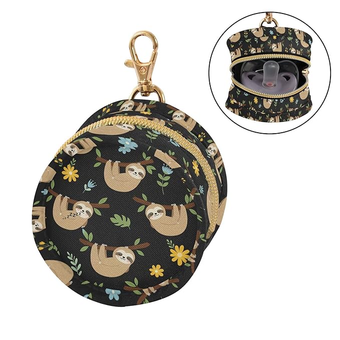 Sloth Leaves Black Print Pacifier Holder Case for Diaper Bag Portable Travel Pacifier Storage Case with Clip Newborn Baby Pouch for Outdoor Purse Baby Boys Girls