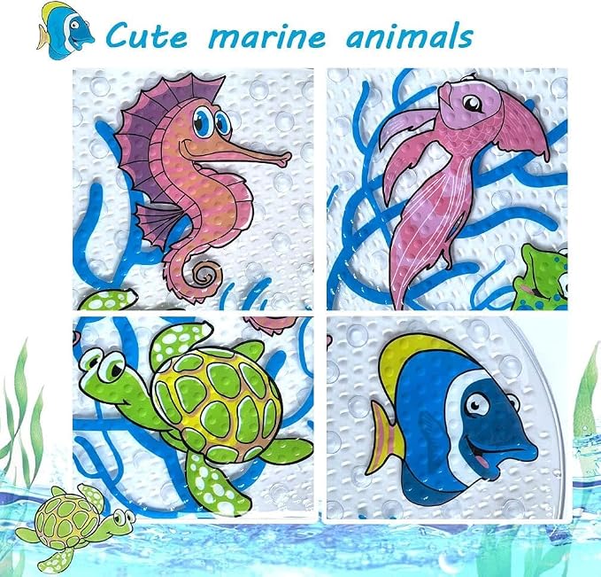 PTAPIPI Sea Animal Kids Bath Mat - 27x15 Inch Oval PVC Mat with Suction Cups, Machine Washable, Colorful Design for Children (Underwater World)