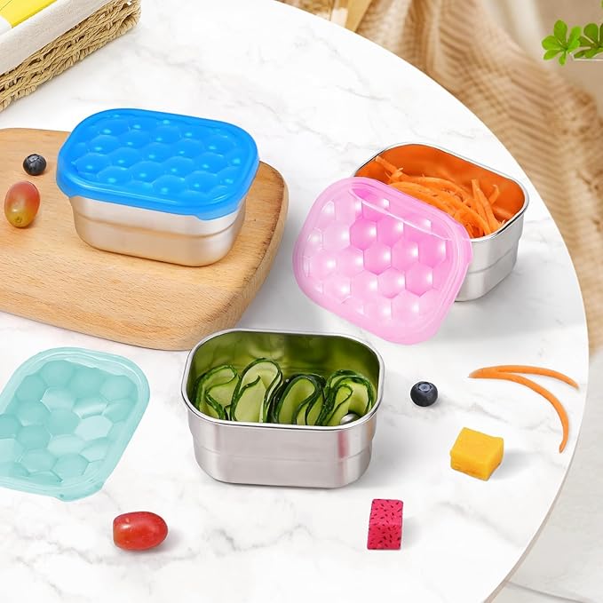 Tanjiae Snack Pro - Small (1 CUP) Stainless Steel Snack Containers for Kids | Easy Open Leak Proof Food Containers with Silicone Lids - Perfect Metal Toddler Lunch Box for Daycare and School (8oz*3)